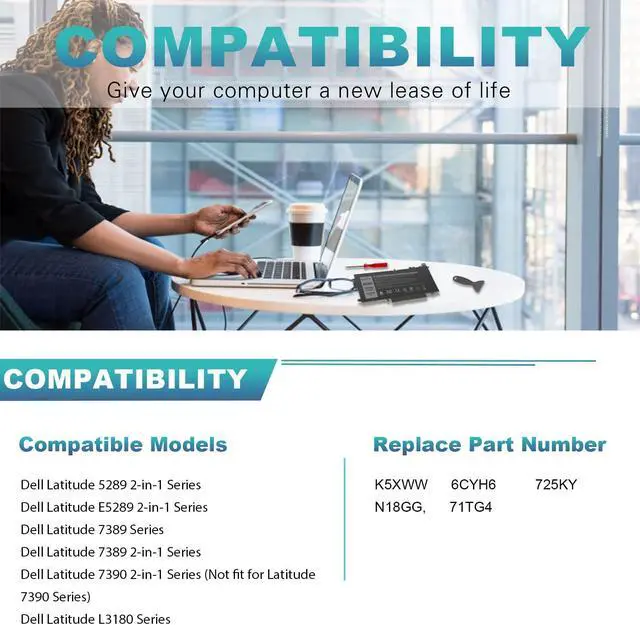 Alt view image 3 of 5 - ASUNCELL 60Wh K5XWW Battery for Dell Latitude 5289 7389 7390 2-in-1 Series Notebook L3180 P29S001 P29S002 Laptop 6CYH6 71TG4 725KY J0PGR N18GG, 7.6V 3-Cell (NOT fits for Latitude 7390 Series)