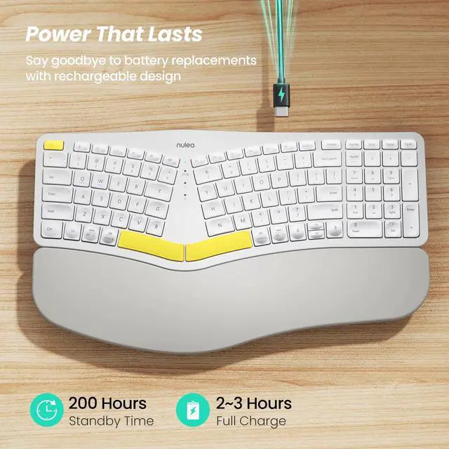 Alt view image 2 of 5 - Nulea Wireless Ergonomic Keyboard, Split Keyboard with Cushioned Wrist Rest, Bluetooth and USB Connectivity, USB-C Rechargeable, Compatible with Windows Mac (Yellow White)