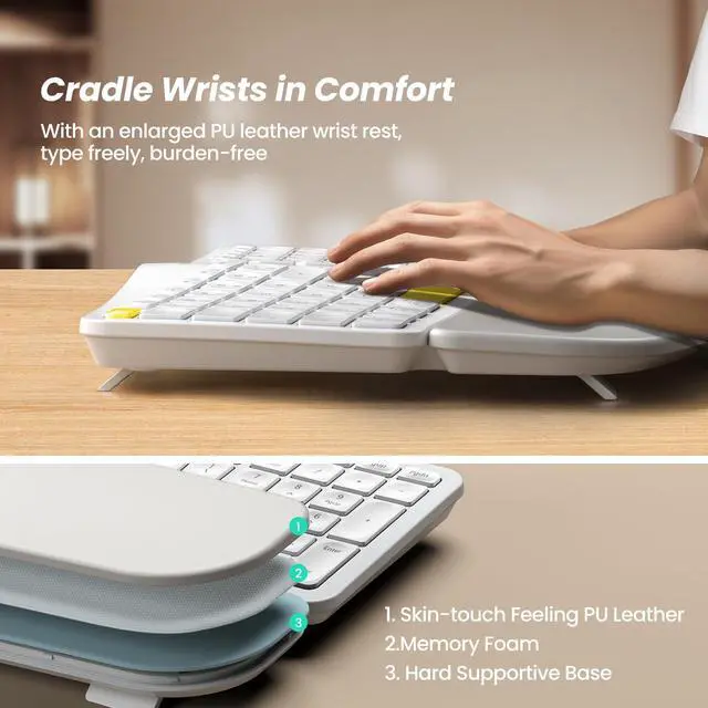 Alt view image 4 of 5 - Nulea Wireless Ergonomic Keyboard, Split Keyboard with Cushioned Wrist Rest, Bluetooth and USB Connectivity, USB-C Rechargeable, Compatible with Windows Mac (Yellow White)