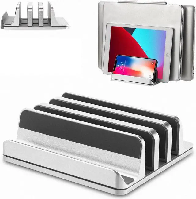 Main image of Vertical Laptop Stand [Updated Version],3-Slot Desktop Stand Holder with Adjustable Dock,4 in 1 Design Aluminum Space-Saving Laptop Stand for Desk MacBook/Surface/Samsung/HP/Dell/Chrome Book (Silver)