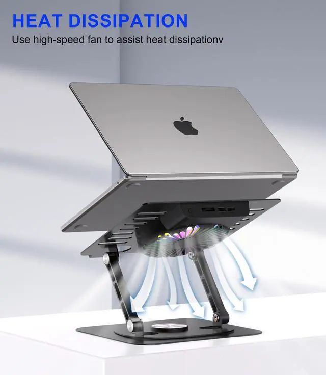 Alt view image 2 of 5 - YTech Laptop Stand,with 360degRotating Base,External Cooling Fan,Adjustable RGB Lighting,Ergonomic Foldable Notebook Computer Holder.Compatible with All 10-17" Laptops Tablets,Black