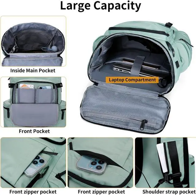 Alt view image 5 of 5 - FENGDONG Travel Backpack TSA Friendly Flight Approved Carry on Backpack Nylon Water-resistant Business Large Weekender Bag Casual Daypack 17.3" Laptop Computer Backpack for Men Women(Light Green)