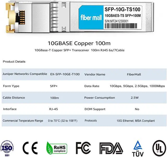 Alt view image 4 of 5 - SFP to RJ45 10G 100m Transceiver Module for Juniper Networks EX-SFP-10GE-T100 10GBASE-T SFP+ Copper 100m RJ45 Cat6a/7