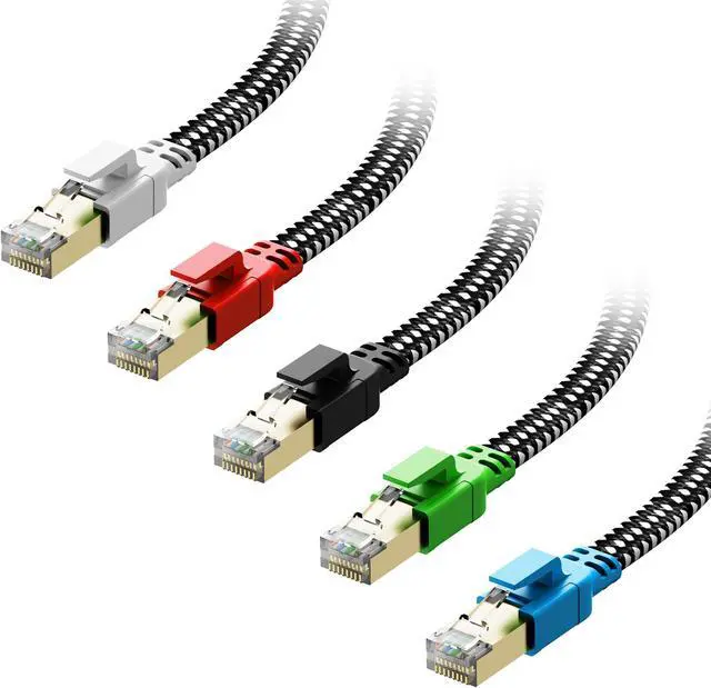Main image of Cat 8 Ethernet Cable 10 ft 5 Pack Multi Color, Nylon Braided High Speed Heavy Duty Network LAN Patch Cord, 40Gbps 2000Mhz RJ45 Flat Internet Cable Shielded in Wall, Indoor&Outdoor for Modem/Router/PC