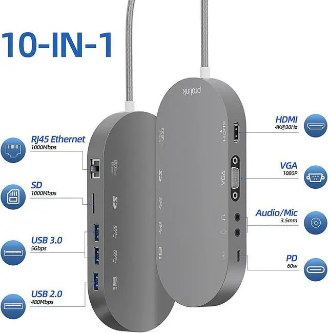 Alt view image 2 of 5 - OVAW 10 in 1 USB C Hub, USB C to VGA HDMI MultiPort Adapter with HDMI, VGA, PD, Ethernet, SD/TF, USB C/A Ports, Mic/Audio - USB C Laptop Docking Station, Compatible with Dell/Surface/HP