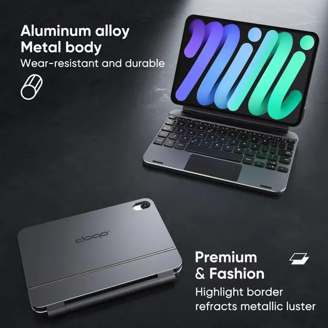 Alt view image 4 of 5 - doqo iPad mini 7 & Mini 6 Keyboard case for 8.3-inch 6th 2021/7th 2024 Generation, Touchpad Wireless Backlit Keyboard, Magnetic Floating Cantilever Stand Protective Cover Folio Aluminum Alloy Gray