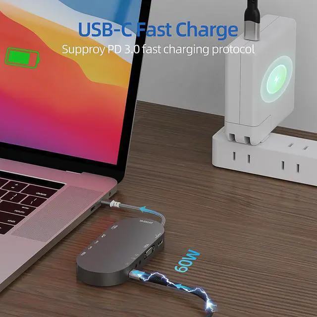 Alt view image 4 of 5 - OVAW 10 in 1 USB C Hub, USB C to VGA HDMI MultiPort Adapter with HDMI, VGA, PD, Ethernet, SD/TF, USB C/A Ports, Mic/Audio - USB C Laptop Docking Station, Compatible with Dell/Surface/HP