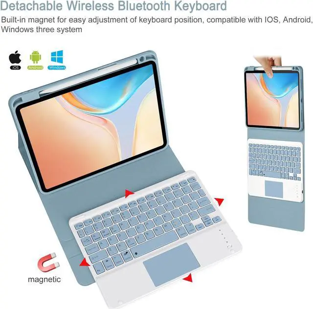 Alt view image 2 of 5 - Eisuiyi Keyboard Case for iPad 10th gen 10.9inch 2022/ iPad (A16) 11th gen 11inch 2025, Detachable Touchpad BT Keyboard, Magentic Protective Cover with Pencil Holder, Full Protection, Blue