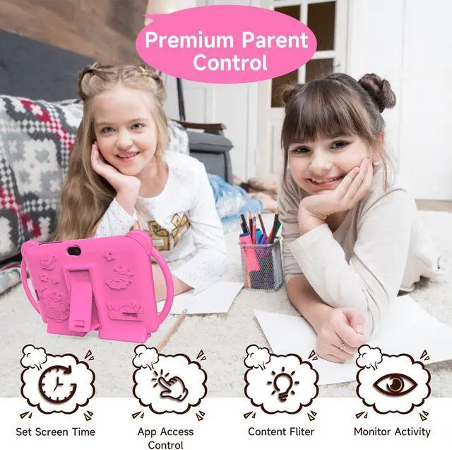 Alt view image 3 of 5 - PEICHENG Kids Tablets, Android 12 Tablet for Kids, 4GB RAM 32GB ROM Toddler Tablet 7 inch IPS Screen, Parental Control, 2+5MP Dual Camera, Shockproof Case for Educational Games(1PCS, Rose Red)