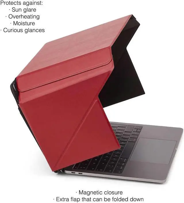Alt view image 2 of 5 - Philbert Danish Design 4-in-1 Laptop Sun Shade Lux Hood - Screen Shade, Privacy Screen, Heat Protection, Contrast Enhancement - Fits 12"/13"/14" Laptops, Self-Standing Cover with Pocket - Red