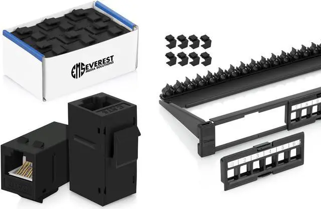 Main image of Everest Media Solutions Bundle - 2 Items: 24-Port Keystone Patch Panel + 24 Pack of RJ45 CAT6 Keystone Couplers - Black