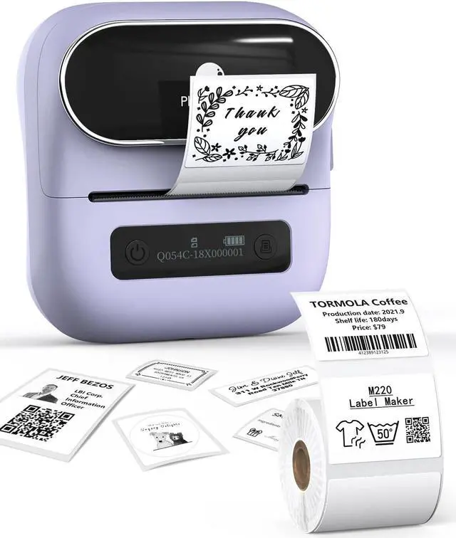 Alt view image 2 of 5 - Phomemo M220 Label Maker Purple & 1 Roll White Thermal Label 2.25"x1.25"(57x32mm), Upgrade 3 Inch Barcode Portable Printer, for Office & Small Business, Compatible with Phones&PC