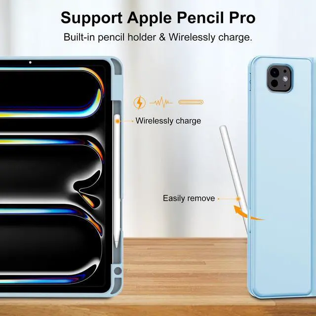 Alt view image 4 of 5 - Keyboard case for iPad Pro 13 inch (M4, 2024), Detachable Wireless Bluetooth Keyboard, Smart Folio Cover with Pencil Holder for 13" iPad Pro (M4), Auto Sleep/Wake, Soft TPU Protective Cover, Sky Blue