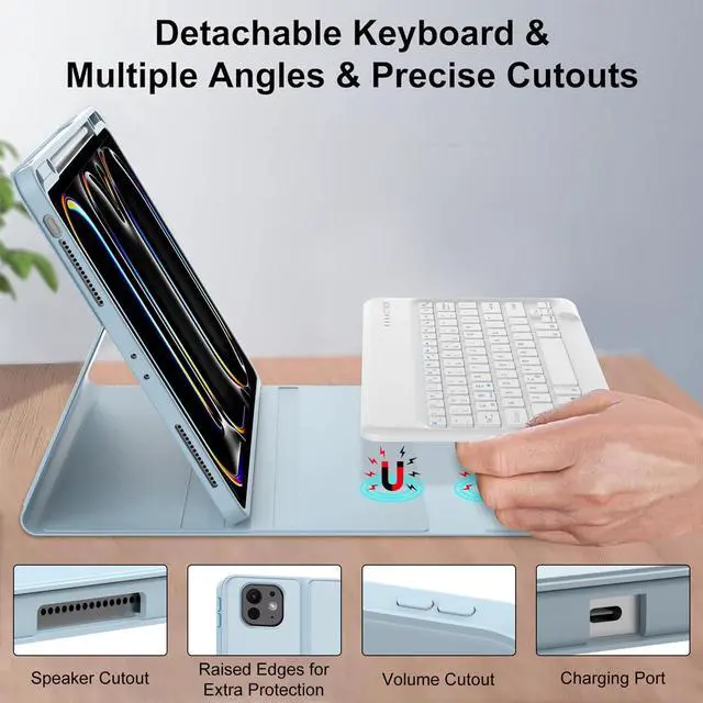 Alt view image 3 of 5 - Keyboard case for iPad Pro 13 inch (M4, 2024), Detachable Wireless Bluetooth Keyboard, Smart Folio Cover with Pencil Holder for 13" iPad Pro (M4), Auto Sleep/Wake, Soft TPU Protective Cover, Sky Blue