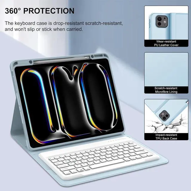 Alt view image 5 of 5 - Keyboard case for iPad Pro 13 inch (M4, 2024), Detachable Wireless Bluetooth Keyboard, Smart Folio Cover with Pencil Holder for 13" iPad Pro (M4), Auto Sleep/Wake, Soft TPU Protective Cover, Sky Blue