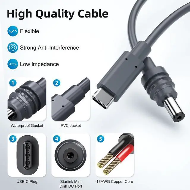 Alt view image 4 of 5 - Starlink Mini Cable, 5M/16.5FT Starlink Mini USB C to DC Power Cable 100W USB Type C to DC Satellite Charging Cable Work for 65W+ PD Source Waterproof USB C Male to DC Replacement Starlink Mini Cable