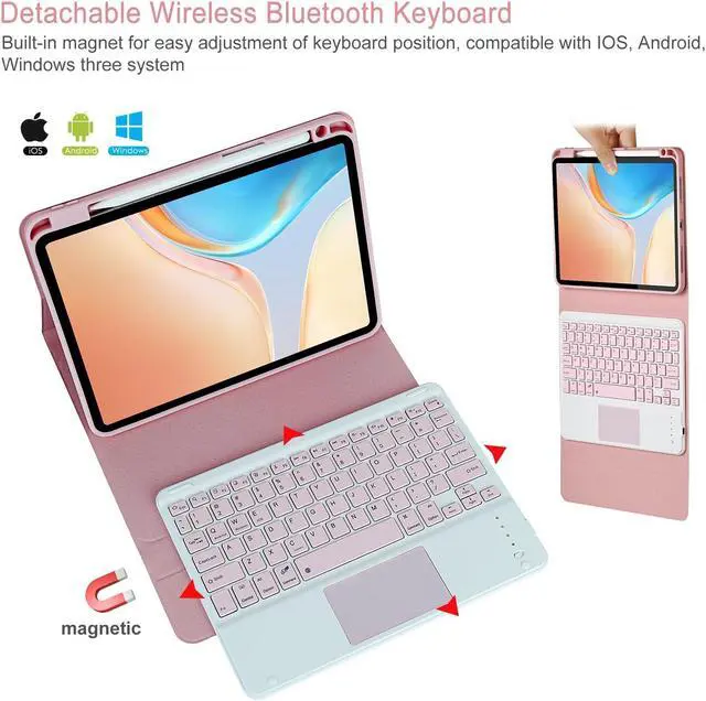 Alt view image 2 of 5 - Eisuiyi Keyboard Case for iPad Pro 11" M4 2024, Detachable Touchpad BT Keyboard, Magentic Protective Cover with Pencil Holder, Full Protection, Pink