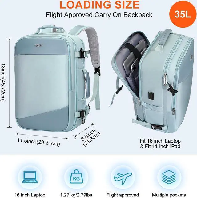 Alt view image 5 of 5 - PIJUSHI Carry on Travel Backpack for Women Large Flight Approved Personal Item Bag with USB Port Fits 16 Inch Laptop(PE035 Blue)
