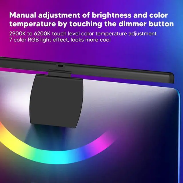 Alt view image 3 of 5 - Computer Monitor Lamp, Curved Screen Monitor Light Bar for Eye Caring, Touch Dimming, No Screen Glar e, 7 Color RGB Light Effect, USB C LED Computer Lamp for Desk,Gaming
