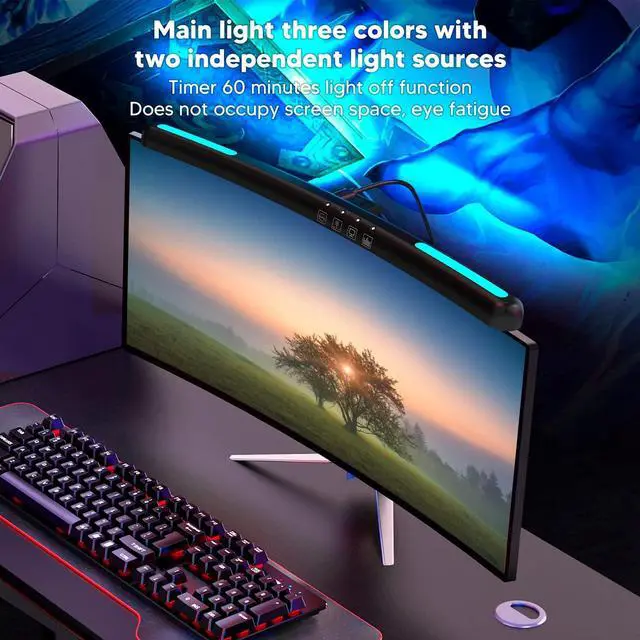 Alt view image 5 of 5 - Computer Monitor Lamp, Curved Screen Monitor Light Bar for Eye Caring, Touch Dimming, No Screen Glar e, 7 Color RGB Light Effect, USB C LED Computer Lamp for Desk,Gaming
