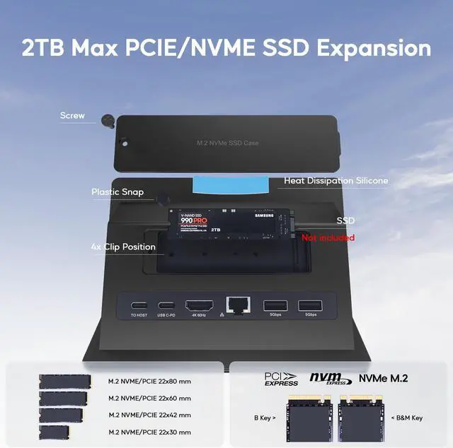 Alt view image 3 of 5 - PULWTOP Vertical Laptop Docking Station for MacBook Pro Air, Support M.2 SSD Expansion, 1 x HDMI 4K, 2 x USB-C 10Gbps, 2 x USB-A 5Gbps, RJ45, SD/TF, USB-C 100W PD Dock for Full-featured Type-C Laptops
