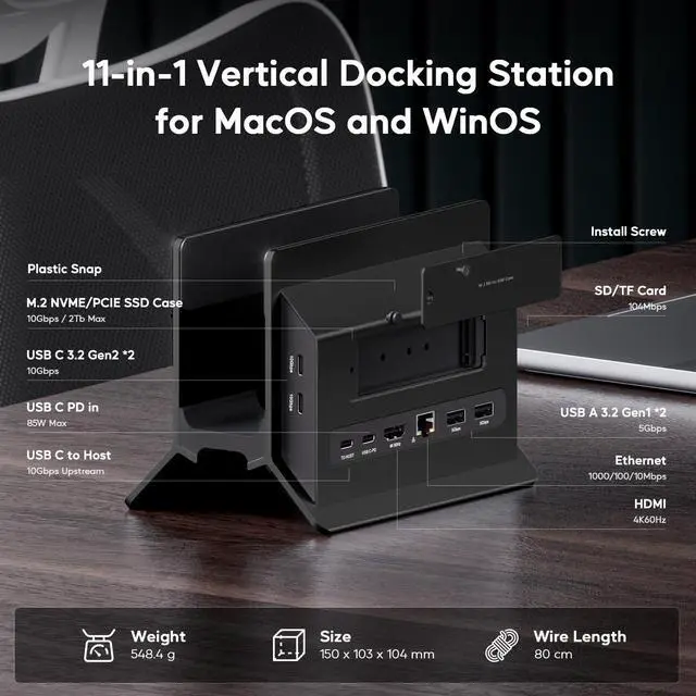 Alt view image 2 of 5 - PULWTOP Vertical Laptop Docking Station for MacBook Pro Air, Support M.2 SSD Expansion, 1 x HDMI 4K, 2 x USB-C 10Gbps, 2 x USB-A 5Gbps, RJ45, SD/TF, USB-C 100W PD Dock for Full-featured Type-C Laptops
