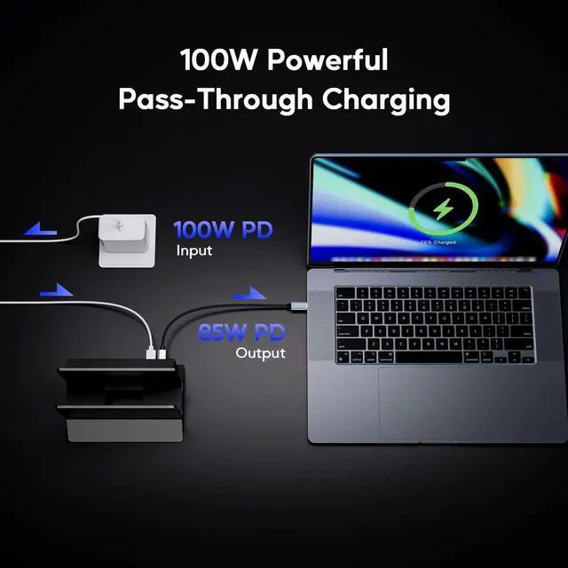 Alt view image 4 of 5 - PULWTOP Vertical Laptop Docking Station for MacBook Pro Air, Support M.2 SSD Expansion, 1 x HDMI 4K, 2 x USB-C 10Gbps, 2 x USB-A 5Gbps, RJ45, SD/TF, USB-C 100W PD Dock for Full-featured Type-C Laptops