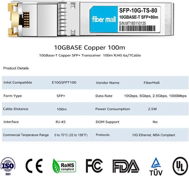 Alt view image 2 of 5 - fiber mall SFP to RJ45 10G 100m Transceiver Module for Intel E10GSFPT100 Compatible 10GBASE-T SFP+ Copper 100m RJ45 Cat6a/7