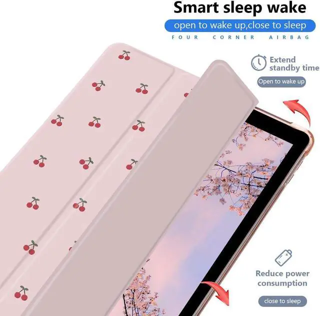 Alt view image 3 of 5 - JOYLAND Cute Cherry Printed Case for 12.9 Inch iPad Pro 2022/2021/2020/2018 with Pencil Holder, Auto Wake/Sleep Cute Fruit Shockproof Case, Trifold Stand Pink Girly Case for Girls Kids