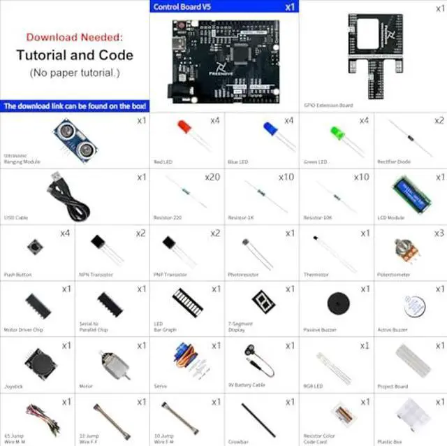 Alt view image 2 of 5 - Freenove Super Starter Kit with Board V5 Rev4 Mini (Compatible with Arduino IDE), Arm Cortex-M4 Microcontroller, 305-Page Detailed Tutorial, 172 Items, 60 Projects