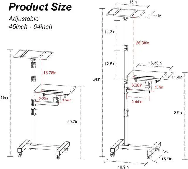 Alt view image 4 of 5 - Facilife 2 Shelves Projector Stand Tripod, Mobile Laptop Cart on Wheels Projector Tripod Stand Adjustable Height 45 to 64 Inches
