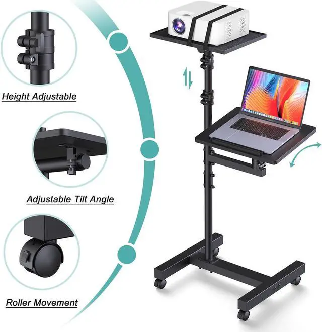 Alt view image 5 of 5 - Facilife 2 Shelves Projector Stand Tripod, Mobile Laptop Cart on Wheels Projector Tripod Stand Adjustable Height 45 to 64 Inches