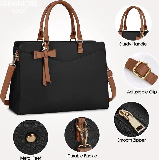 Alt view image 4 of 5 - RAINSMORE Laptop Bag for Women 15.6 Inch PU Leather Laptop Tote Bag Professional Business Office Briefcase Waterproof Work Bag Computer Tote Bag Large Lightweight Handbag Shoulder Bag
