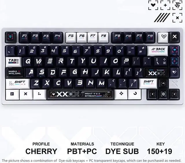 Alt view image 3 of 5 - REDQIN PBT+ PC Keycaps- Printsteam Black and White Shine Through Keycaps Transparent PC Cherry Profile Dye-Sub Keycap Set for Mechanical Keyboard Key Cap (WOB 150 Keys, Top Printed, Without PC Part)