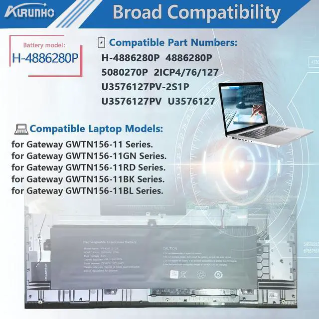 Alt view image 5 of 5 - AURUNHO H-4886280P 38Wh Laptop Battery Replacement for Gateway GWTN156-11 GWTN156-11GN GWTN156-11RD GWTN156-11BK GWTN156-11BL Series 5080270P U3576127PV-2S1P 7.6V
