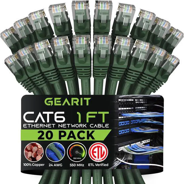 Main image of GearIT Cat 6 Ethernet Cable (20-Pack 1 Foot) Cat6 Network Patch, 10Gbps, RJ45, Snagless Cord, Gold-Plated Connectors, Internet for PC, TV, Tablet, Router, Printer, Servers, IT Data Center - Green
