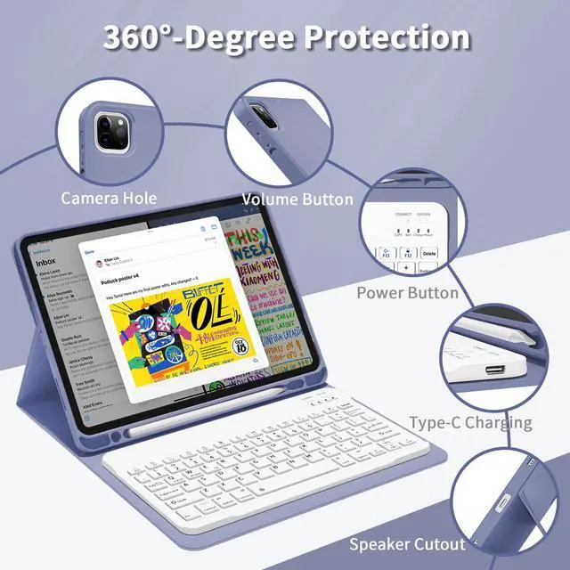 Alt view image 2 of 5 - GKABXY Keyboard Case for iPad Pro 11 inch (4th/3rd/2nd/1st Gen) 2022/2021/2020/2018, Detachable Wireless Bluetooth Keyboard Case with Pencil Holder for iPad Pro 11", Auto Sleep/Wake (Purple Gray)
