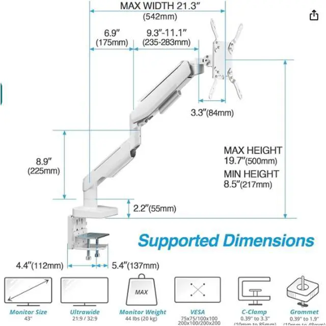 Alt view image 3 of 5 - Gladiator Joe Heavy Duty Aluminum Ultrawide Monitor Arm for 49 inch Screens up to 44 lbs, Premium Desk Mount Monitor Stand Designed for Samsung Odyssey G9 and More, Max VESA 100x100, Black