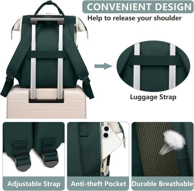 Alt view image 4 of 5 - Laptop Backpack Women Work Bag: 15.6 inch Work Bookbag with USB Charging Port Large Travel Backpack Purse for College Nurse Casual Daypack for Teacher Professional Computer Backpack Beige Dark Green