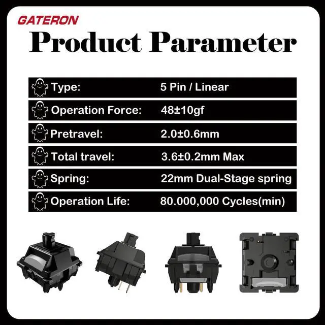 Alt view image 2 of 5 - Gateron Ghost Dual-Stage Spring Keyboard Switches for MX Mechanical Gaming Keyboard,5-Pin 48gf RGB SMD Pre-Lubed Full POM Linear Switches(108PCS)