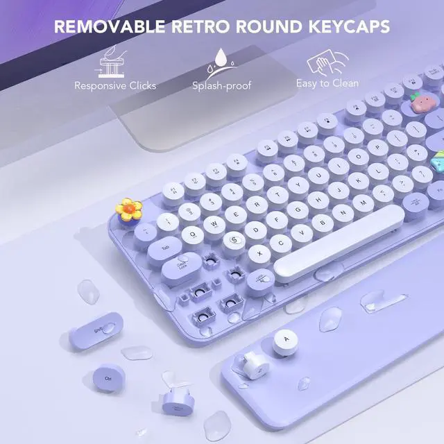 Alt view image 4 of 5 - Wireless Keyboard, Round Keycaps, Retro Typewriter Keyboard with Detachable Wrist Rest, Sleep Mode, Foldable Legs, 2.4GHz Full-size Cordless Computer Keyboard for Windows/PC/Laptop (Colorful-Purple)