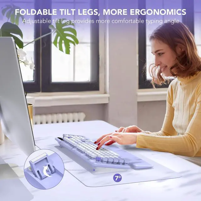 Alt view image 3 of 5 - Wireless Keyboard, Round Keycaps, Retro Typewriter Keyboard with Detachable Wrist Rest, Sleep Mode, Foldable Legs, 2.4GHz Full-size Cordless Computer Keyboard for Windows/PC/Laptop (Colorful-Purple)