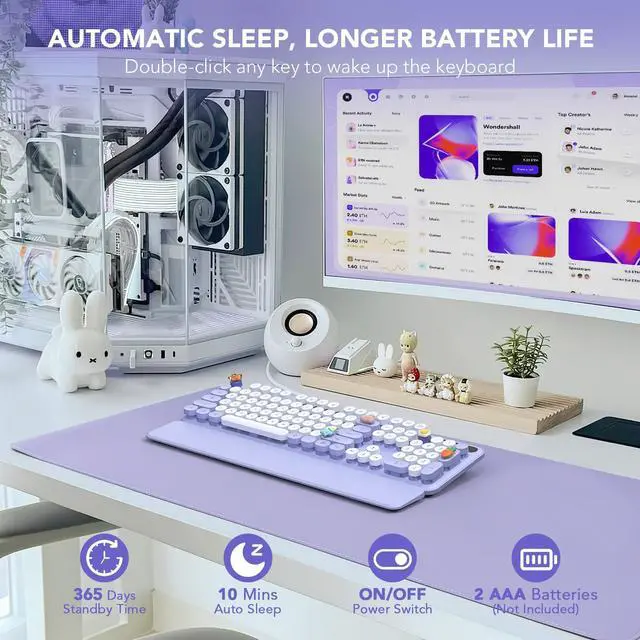 Alt view image 5 of 5 - Wireless Keyboard, Round Keycaps, Retro Typewriter Keyboard with Detachable Wrist Rest, Sleep Mode, Foldable Legs, 2.4GHz Full-size Cordless Computer Keyboard for Windows/PC/Laptop (Colorful-Purple)