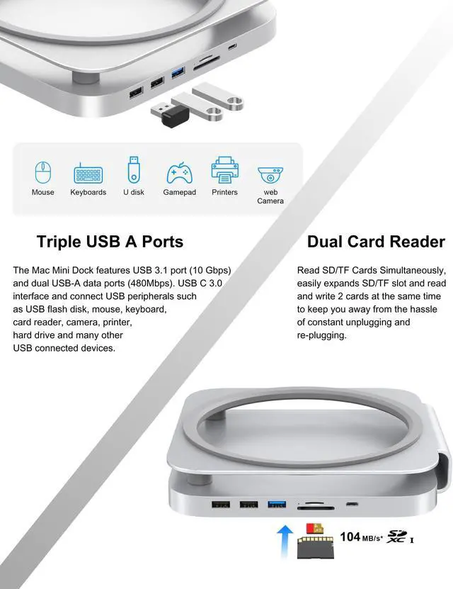 Alt view image 5 of 5 - GEWOKLIY Mac Mini Studio Dock and Stand, Hub with SSD Enclosure for NVME/SATA M.2, 4K HDMI Adapter 10Gbps USB A/C Port, TF/SD Card Reader, Dock for Mac Mini M1/ M2 and Mac Studio 2024 | Accessories