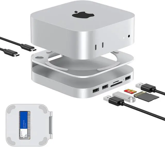 Main image of GEWOKLIY Mac Mini M4 Dock, Aluminum Mac Mini Stand and Hub for Mac Mini M4 and M4 Pro 2024 with M.2 NVMe SSD Enclosure, 2X USB-A 10Gbps, SD/TF Card Readers, USB 2.0 Data (Silver)|Accessories