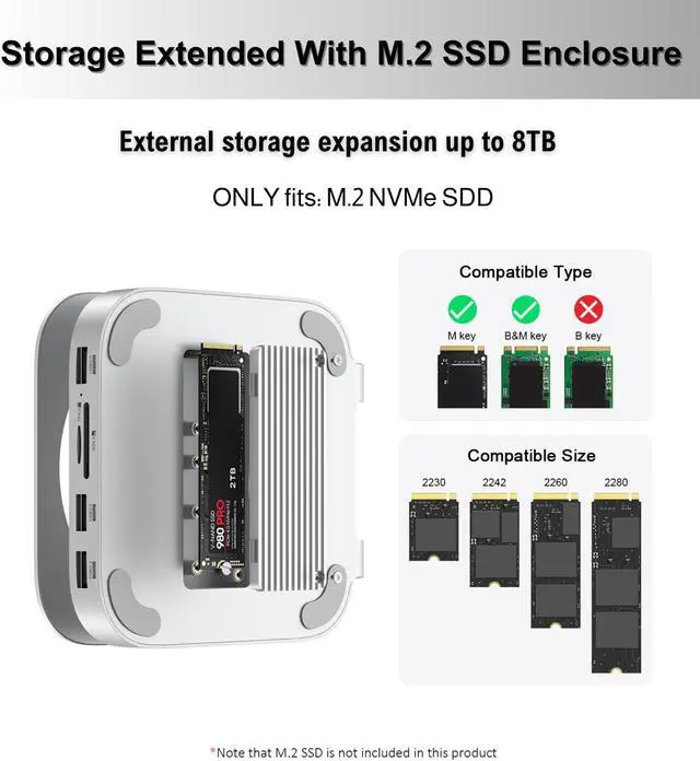 Alt view image 4 of 5 - GEWOKLIY Mac Mini M4 Dock, Aluminum Mac Mini Stand and Hub for Mac Mini M4 and M4 Pro 2024 with M.2 NVMe SSD Enclosure, 2X USB-A 10Gbps, SD/TF Card Readers, USB 2.0 Data (Silver)|Accessories