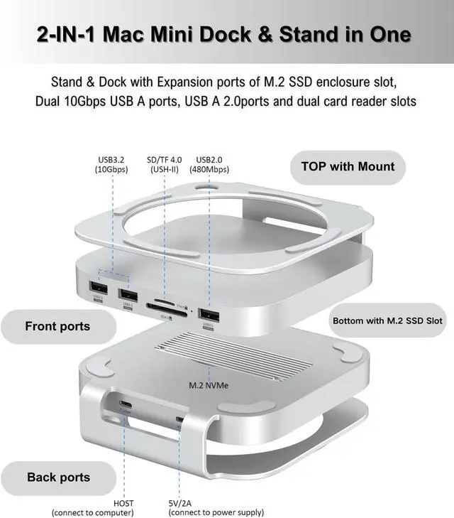 Alt view image 3 of 5 - GEWOKLIY Mac Mini M4 Dock, Aluminum Mac Mini Stand and Hub for Mac Mini M4 and M4 Pro 2024 with M.2 NVMe SSD Enclosure, 2X USB-A 10Gbps, SD/TF Card Readers, USB 2.0 Data (Silver)|Accessories