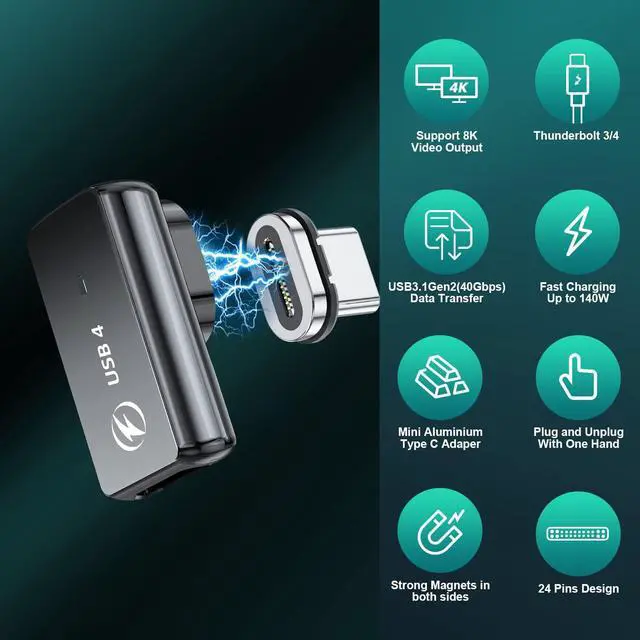 Alt view image 2 of 5 - HanCenDa 140W USB C Magnetic Adapter 4Pack, 24Pins USB C 90 Degree Adapter with USB4 20Gbps 8K 60Hz Video for Thunderbolt 3 MacBook Pro/Air, Tablet, Laptop, iPhone 15/15 Pro/15 Max/15 Pro Max