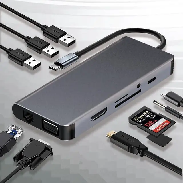 Main image of USB C Hub Docking Station HDMI Adapter,10 in 1 USB C Hub Multiport Adapter,w/gigabit Ethernet,VGA,HDMI,3 USB,SD/TF Card Reader,Audio,USB C Data Port,Docking Station for Various of Notebook Computers