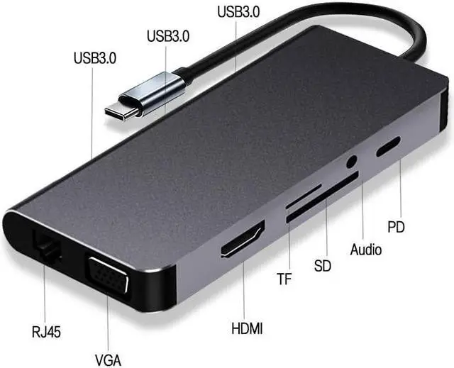 Alt view image 2 of 5 - USB C Hub Docking Station HDMI Adapter,10 in 1 USB C Hub Multiport Adapter,w/gigabit Ethernet,VGA,HDMI,3 USB,SD/TF Card Reader,Audio,USB C Data Port,Docking Station for Various of Notebook Computers